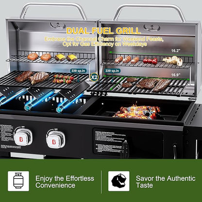 Brand-Man Propane Gas and Charcoal Grill Combo, Dual Fuel BBQ Combo Grill with Stainless Steel Dual Lids & 2 Side Shelves for Outdoor Kitchen & Backyard Barbecue Cooking