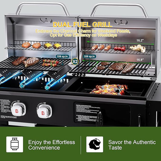 Brand-Man Propane Gas and Charcoal Grill Combo, Dual Fuel BBQ Combo Grill with Stainless Steel Dual Lids & 2 Side Shelves for Outdoor Kitchen & Backyard Barbecue Cooking