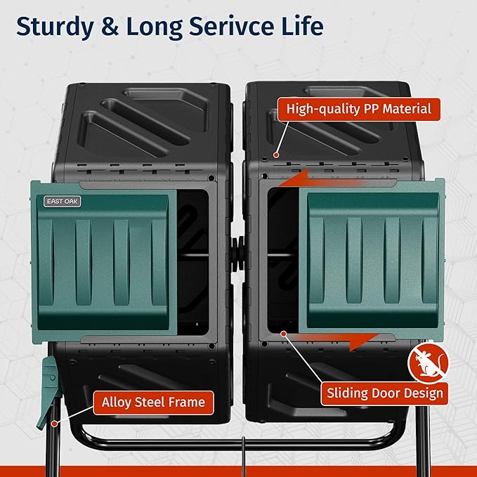 East Oak Dual Chamber Outdoor Compost Tumbler, 2×18.5 Gallon Compost Bin, Rotating Composter with Aeration & Locking System for Garden, Kitchen & Yard