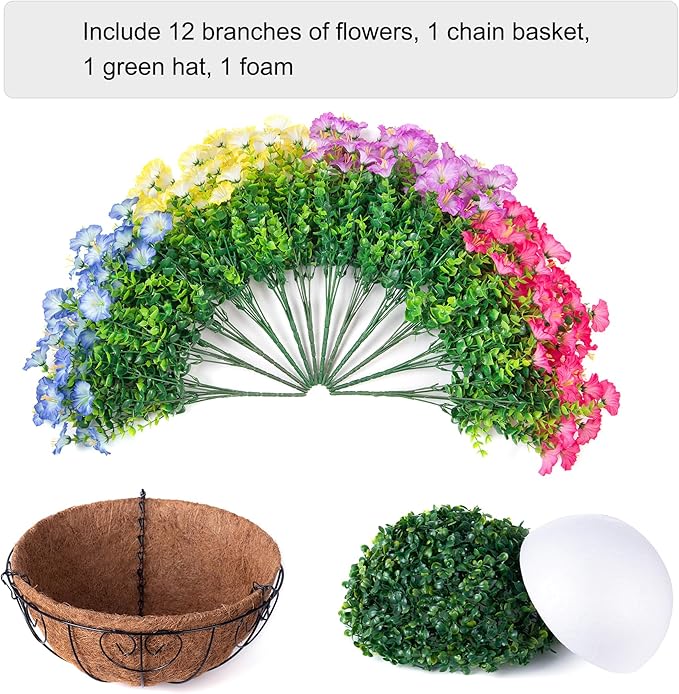 Artificial Faux Hanging Flowers Plants Baskets for Outdoors, Fake Silk Morning Glory in Planter UV Resistant Realistic Artificial Flower for Outside Porch Patio Balcony Garden Yard Home Decor