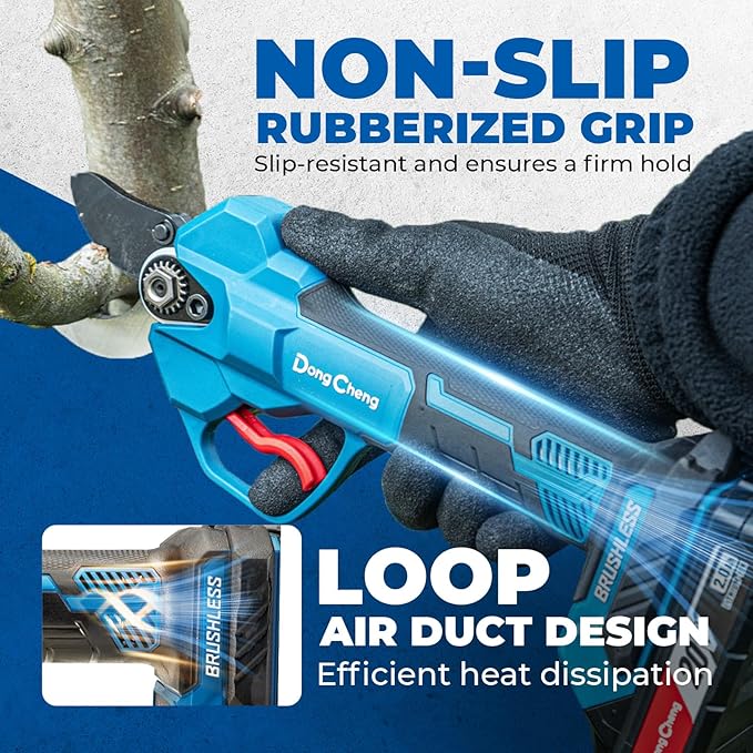 Dong Cheng 20V Brushless Electric Pruning Shears, 4 Cutting Levels up to 35 mm, Professional Brushless Motor, 2.0 Ah Battery, 2 A Charger, SK5 Blade – For Fruit Trees, Gardening