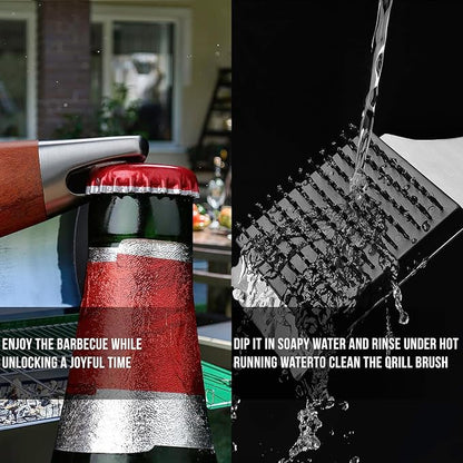 KULUNER Premium Grill Brush and Scraper - Solid Wood Handle, Scratch-Free Stainless Steel Bristles, Includes Replacement Brush Head - Features Bottle Opener, Compatible with All Grills