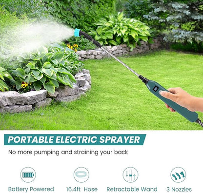 TOOVEM Electric Garden Sprayer with Battery Indicator,23.6inch Battery Powered Sprayer Wand with 16.4FT Hose,Rechargeable and Portable Spray Wand for Yard, Lawn and Garden(3 Nozzles)