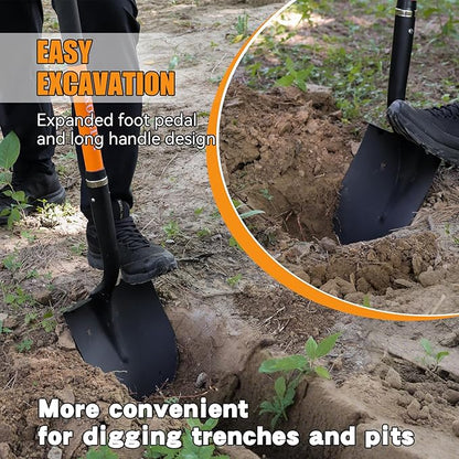 Heavy Duty Digging Shovel 57 Inch Fiberglass Handle with Serrated Steel Blade Ergonomic Grip for Gardening Landscaping Construction