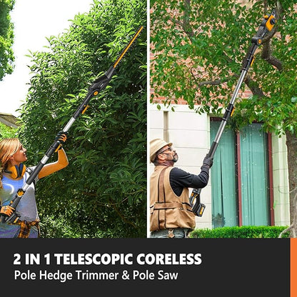 Alloyman 2-in-1 Telescopic Cordless Pole Hedge Trimmer 16-Inch and Pole Saw 8.6-Inch,with 2 Packs 4.0Ah Batteries & Charger,for Tree Trimming and Shrubs Pruning
