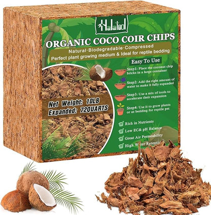 Halatool 10LBS Coco Coir Chips for Plants, 100% Compressed Organic Coco Husk with Low EC pH Balanced, Coconut Substrate Growing Mulch for Flowers, Garden, Orchids, Herbs,Landscaping