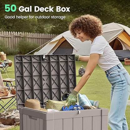 50 Gallon Storage Box, Waterproof Deck Box for Indoor & Outdoor Use, Lockable Pool Storage Bin for Package Delivery, Outdoor Bench for Patio Cushions, Garden Tools, Backyard, Grey