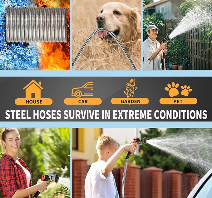 Metal Garden Hose 100FT Heavy Duty Lightweight 304 with Brass Nozzle,Durable Fittings,No Kink & Tangle,Puncture Resistant,Easy to Use & Store for RV,Outdoor, Yard,Ligh (100ft)