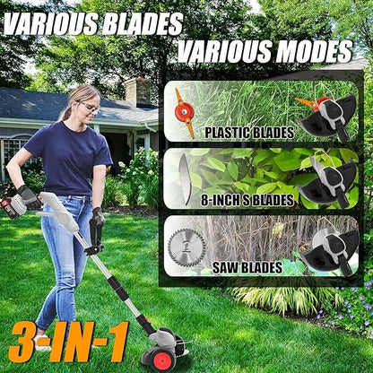 Electric Weed Wacker Eater,3-in-1 Cordless Weed Trimmer with 2 21V/4.0Ah Battery Operated & Fast Charger & 90Min Runtime, 3 Types of Blades for Thick Weeds/Edging/Mowing for Garden Yard -Grey