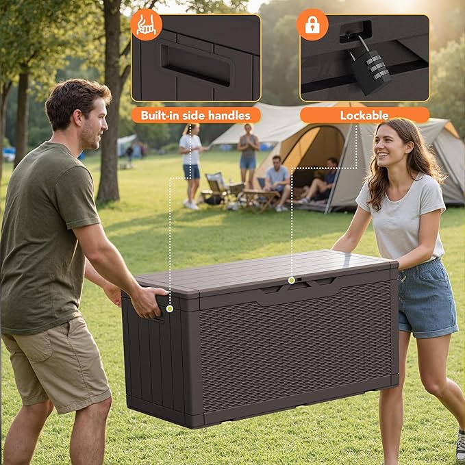 105 Gallon Deck Box Outdoor Indoor Waterproof Storage Box for Patio Furniture, Pool Accessories, Garden Tools, and Cushion Storage, Brown
