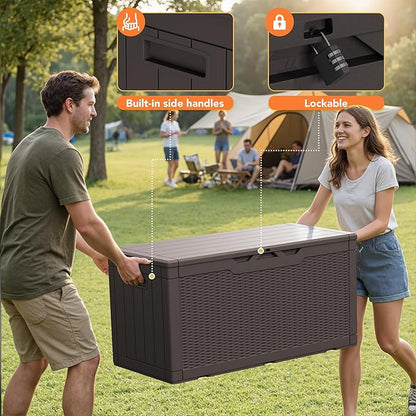 105 Gallon Deck Box Outdoor Indoor Waterproof Storage Box for Patio Furniture, Pool Accessories, Garden Tools, and Cushion Storage, Brown