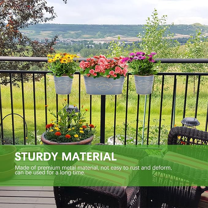 PerGar Vintage Metal Iron Wall Hanging Flower Pots, Rustic Planter Bucket Herb Flower Plant Holder with Detachable Hooks & Drainage Hole for Railing Fence Balcony Deck Garden Home Decoration, Set of 3