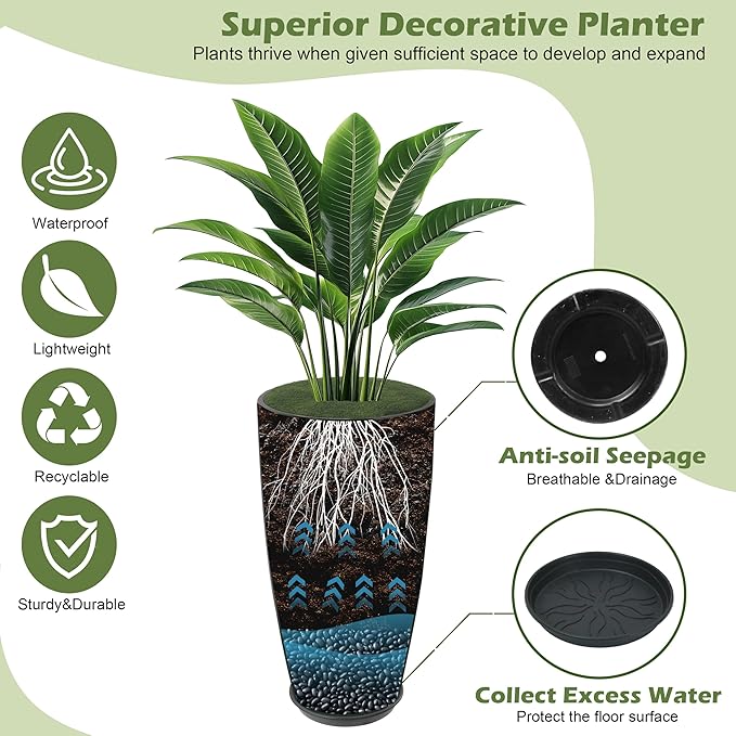 24-21-11 Inch Tall Planters Set of 3, Indoor Outdoor Blue Glossy Round Planter with Drainage Hole and Saucer, Large Decorative Plant Pots for Home Garden Porch