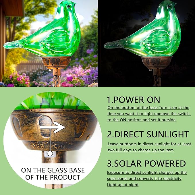 Decorative Solar Lights, Outdoor Solar Bird Stake Lights, Hand Blown Glass Decorative Garden Pathway Lights Outdoor Waterproof Glass Stakes (Green)