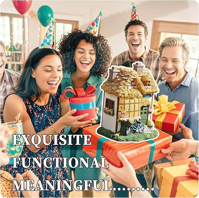 Rustic Thatched Flower Shop Resin Cottage – Fairy House Garden Statues Outdoor, Solar-Powered Warm Lights,Weatherproof, Spring Vines & Bicycle Décor,Perfect Home Gifts for Mom Wife Grandma