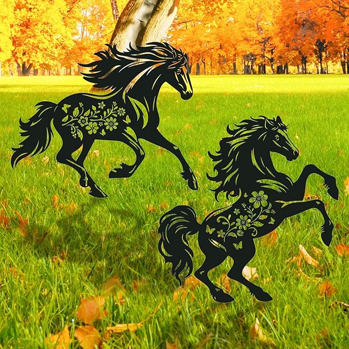 Horse Metal Garden Stakes Yard Decor, 2PCS Black Horse Silhouette Statues Garden Decorative Gifts for Yard Art, Patio, Outside, Lawn Ornaments Outdoor, Yard Art