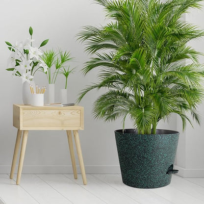 12 inch Large Self Watering Pots for Indoor Outdoor Plants, Flower Plant Pots with Mesh Drainage Holes for Garden, Plastic Planters with Reservoir for Home Plants, Black with Green Speckles