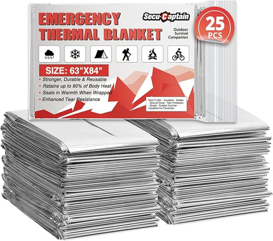 SecuCaptain Survival Emergency Thermal Blankets: 25 Pack Extra Large 84” x63” Space Mylar Blanket Kit for Outdoor Cold Winter Camping Hiking Car Bug Out Bag or First Aid