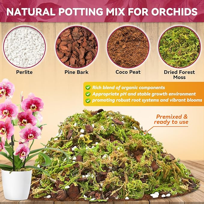 Riare 1QT Orchid Potting Mix for Repotting- Orchid Repotting Kit Include Moss, Pine Bark, Perlite, Coco Peat- Premium Orchid Soil Medium for Indoor Potted Plants Root Ventilation & Expanding
