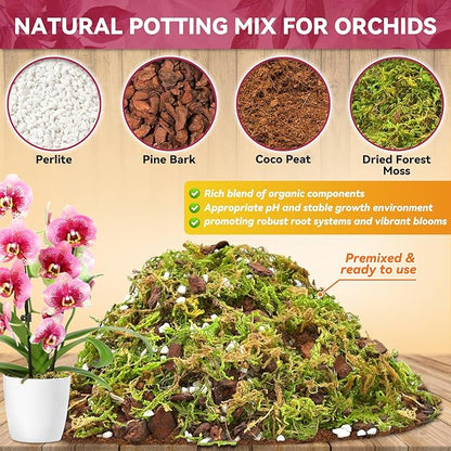 Riare 1QT Orchid Potting Mix for Repotting- Orchid Repotting Kit Include Moss, Pine Bark, Perlite, Coco Peat- Premium Orchid Soil Medium for Indoor Potted Plants Root Ventilation & Expanding