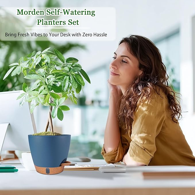 Self Watering Pots for Inoor Ourdoor Plants 10/9/8/7/6.5 Inch Plastic Planters with Drainage Holes & Water Level Indicator, Decorative House Flower Nursery Planting Pots with Saucers (Navy Blue)