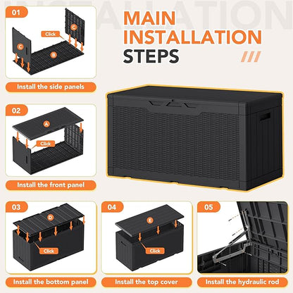 105 Gallon Deck Box Outdoor Indoor Waterproof Storage Box for Patio Furniture, Pool Accessories, Garden Tools, and Cushion Storage, Black