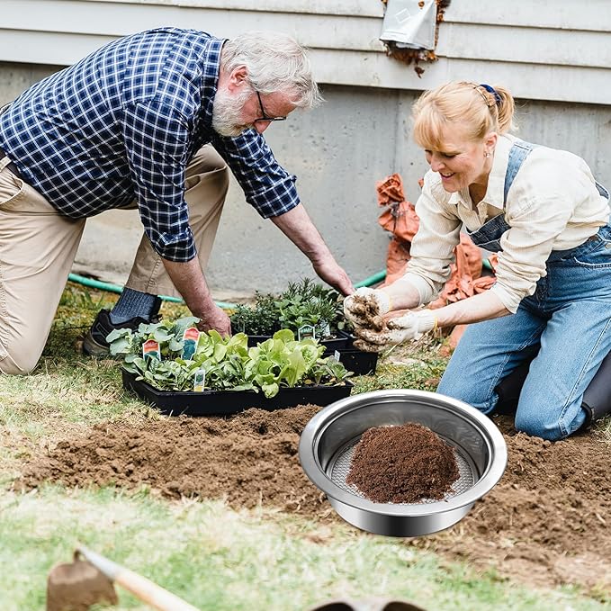 Soil Dirt Sifter for Gardening with 3pcs Interchangeable Mesh(3,6,9mm), Stainless Stackable Sifting Pan Soil Sand Rock Sieve for Dirt, Sand, Rock, Filtration, Compost with Soil Scoops (silver2)