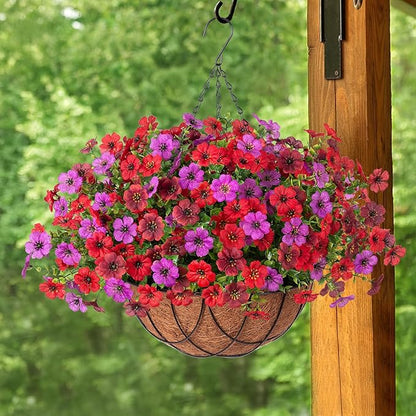 Artificial Silk Flowers Hanging Baskets Outdoors Indoors, Daisy with Eucalyptus Leaves Arrangement for Garden Yard Spring Summer Decor Faux Green Plant Metal Coconut Lining (Red Purple Red Brown)
