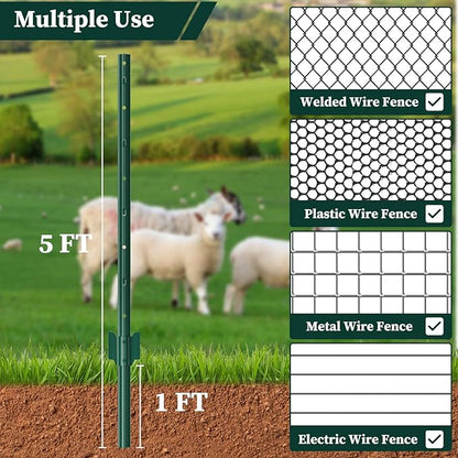 10 Pack Garden Fence Post, 5 Feet Heavy Duty Metal U-Post for Wire Fence, No Dig Garden Fence Stakes for Temporary Fencing, Electric Fence Wire, Corner Anchor, and More-Green