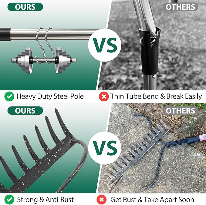 Rake for Leaves, Garden Bow Rake Heavy Duty, 48 in Leaf Rakes for Lawns, Yard Gardening Tools with Back-Saving Handle, 14 Metal Tines Head for Loosen Soil, Clear Gravel Grass Rock, Level Mulch