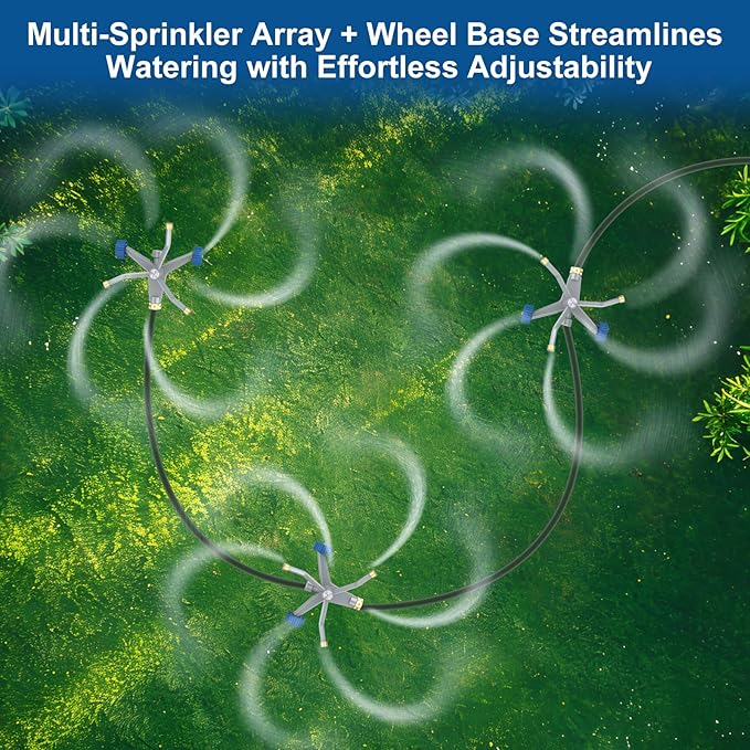 Sprinklers for Yard, 3-Arm Metal Sprinkler with Wheel Base, 360-degree Automatic Rotary Lawn Sprinkler System for Garden Yard