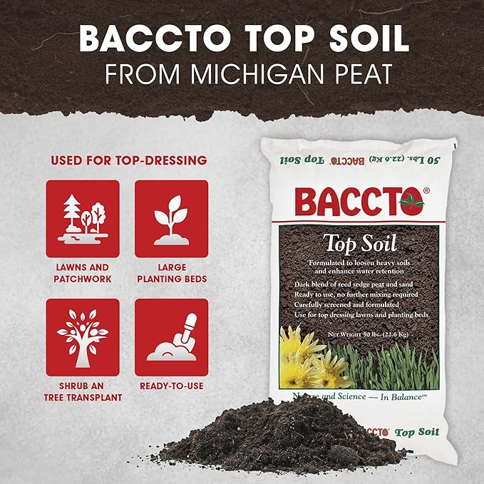 Michigan Peat Company Baccto Top Soil for Lawns, Patchworks, Gardens, Planting Beds, and Shrub and Tree Transplant Mixtures, 50 Pounds