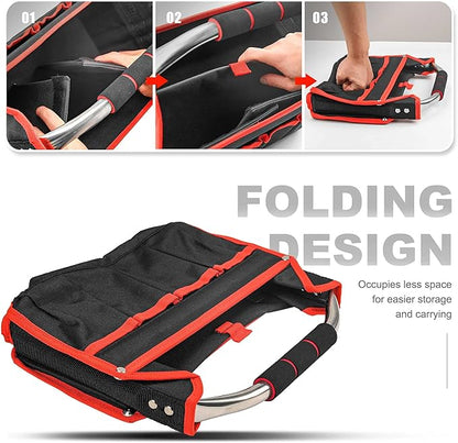 HAUTMEC 13 Inch Tool Bag, Foldable Open Top Tool Tote with Stiff Frame, 8 Pockets, Water-Resistant Molded Base & Padded Handle, Portable Electrician Tool Organizer for DIY & Jobsite Use – TB0001