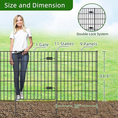 Metal Garden Fence with Gate 33.3in (H) x 23.3ft (L), 1 Gate + 9 Panels Dog Fence Border Fence Animal Barrier, No Dig Garden Fencing for Yard Flower Bed Lawn Patio Outdoor, PIN332810G Black