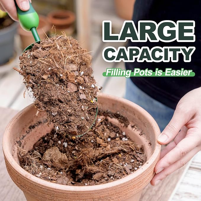 Garden Scoop, 13" Soil Scoop with Ergonomic Rubber Handle, Carbon Steel Potting Shovel Big Volume Gardening Spoon for Transplanting, Digging, Cultivation, Composting, Planting