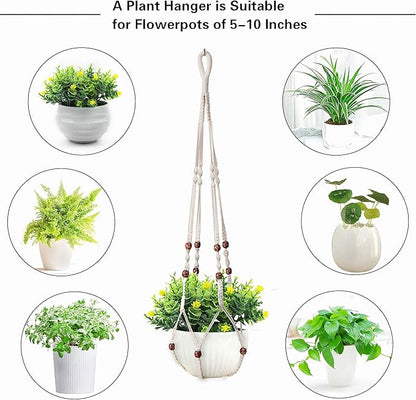 35 Inch Macrame Plant Hanger, Hanging Planter Basket with Wood Beads, Decorative Flower Pot Holder for Indoor Outdoor Boho Home Decor, Set of 2 (Ivory)