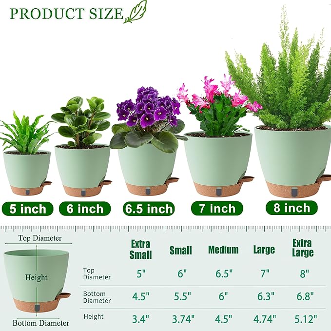 Self Watering Pots for Inoor Ourdoor Plants 8/7/6.5/6/5 Inch Plastic Planters with Drainage Holes & Water Level Indicator, Decorative House Flower Nursery Planting Pots with Saucers(Green)