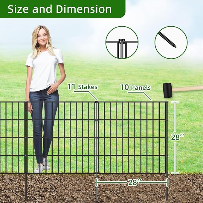 Metal Garden Fence 28in (H) x 23.3ft (L), 10 Panels + 11 Stakes Dog Fence Border Fence Animal Barrier, No Dig Garden Fencing for Yard Flower Bed Lawn Patio Outdoor, PIN282810 Black