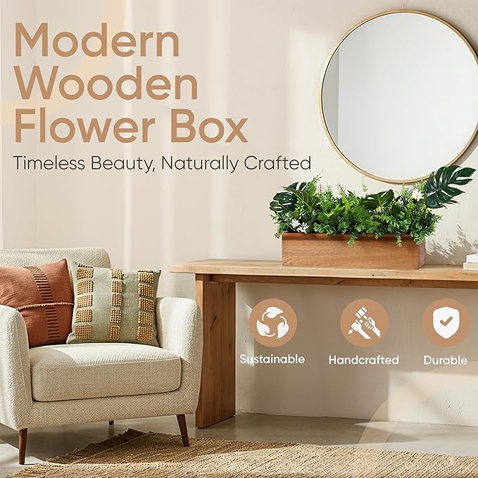 zaqro Wood Planter Box Set of 2 – Real Acacia Planter Boxes with Removable Soft Plastic Cut to fit Liners – Long Rectangular Indoor - Window Planter Box for Herbs, Flowers, Succulents