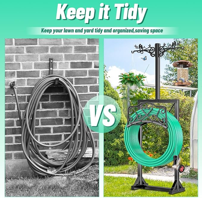 Garden Hose Holder, Freedstanding Heavy Duty Garden Water Hose Holder Stand with 2 Shepherds Hooks, Detachable Metal Hose Storage Hanger Rack for Outside Yard Lawn Farm