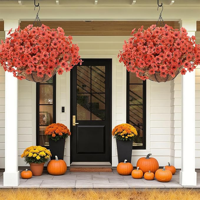 Geegoods Artificial Hanging Baskets for Outdoors Decoration, 24 Pcs Artficial Outdoor Flowers with Hanging Baskets UV Resistant Look Real Orange Mums for Autumn Porch Patio Balcony Yard Home Decor