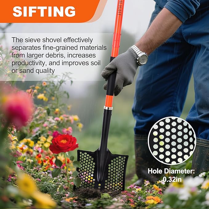 HIGHLIGHT Detachable Sifting Shovel - 45 Inch Sand Sifter with Ergonomic D-Grip Handle for Beach, Garden & Farm Cleaning - Fiberglass Handle & Powder Coated Steel