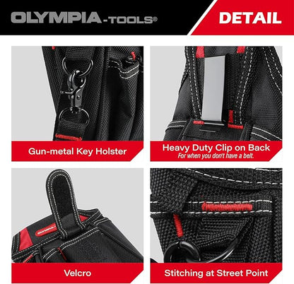 Olympia Tools 7 Pocket Tool Pouch with Belt Clip, Black & Red