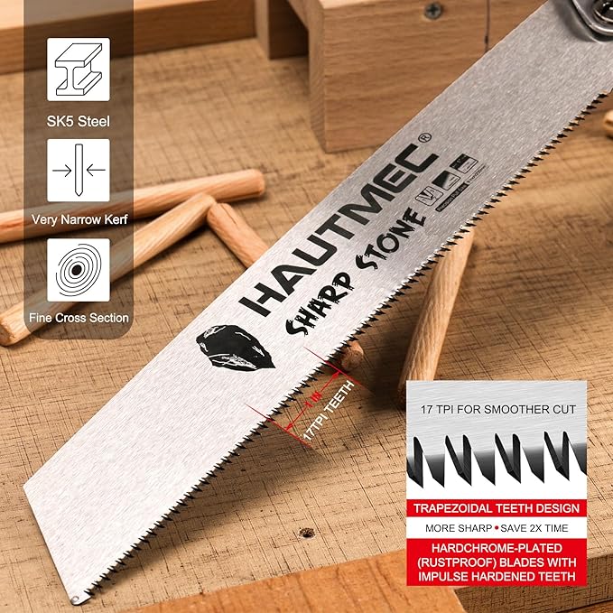 HAUTMEC Folding Japanese Pull Saw, 9-Inch Hand Wood Saw with SK5 Blade, 17TPI Sharp Trapezoid Teeth, Dual Cutting Angle, Pro Handsaw for Fine & Fast Cuts – HT0312
