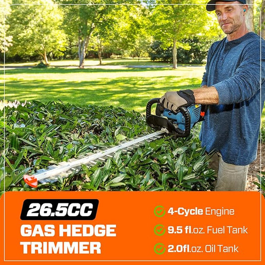 SENIX 4QL 26.5 cc 4 Cycle 22-Inch Gas Hedge Trimmer, Garden Tool to Trim Shrubs,Bushes,and More,Double Sided Dual Action Blades,1-1/8" Cutting Capacity,Includes Blade Cover and Safety Glasses(HT4QL-L)