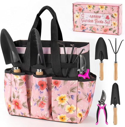 Pink Gardening Tools, Garden Tool Set for Women,5 Piece Womens Gardening Kit with Floral Garden Bag,Gifts for Wife (5-Piece Pink)