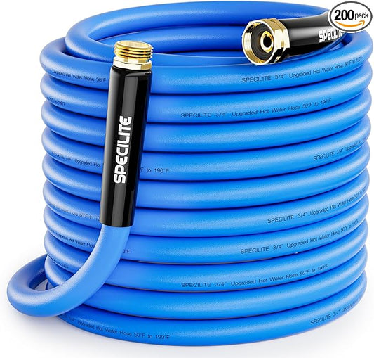 SPECILITE Hot/Cold Garden Water Hose 200 ftx 3/4 in, -50℉ To 190℉, Heavy Duty, Flexible, Burst 605 Psi, Lightweigh, Upgraded Rubber Pipe with 3/4" Brass Fittings For Backyard, Outdoor, Farm, Blue
