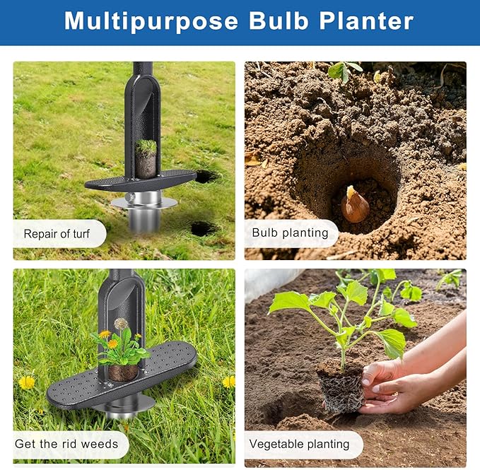 Grass Plugger Tool with Adjustable Digging Depth from 3 to 6 Inch Bulb Planter with Long Handle Plug Cutter Bulb Transplanter Tool for Plants Digging Holes, Repair of Turf, Transplant Seedling