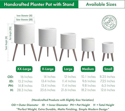 D'vine Dev 14 Inch Modern Geometric Tile Patterned Sleek Planter Pot with Stand, Indoor Outdoor Decorative Plant Holder, Matte White, 88-Z-D-1