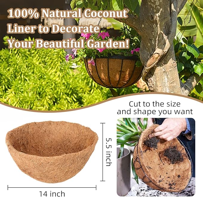 Legigo 4 Pack 14 Inch Hanging Basket Coco Liners Replacement, 100% Natural Round Coconut Coco Fiber Planter Basket Liners for Hanging Basket Flowers/Vegetables